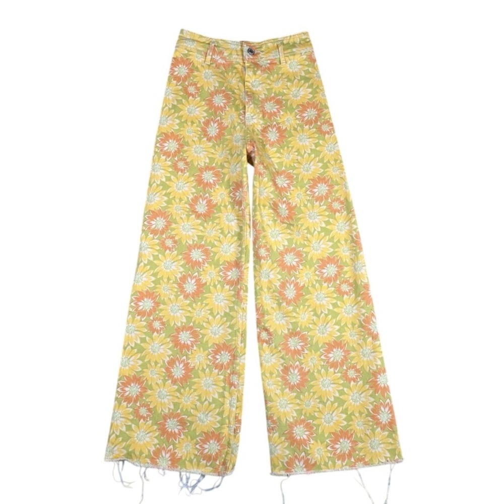 Zara Premium Denim Floral Sunflower Wide Leg Jeans Yellow Orange Size 4 26